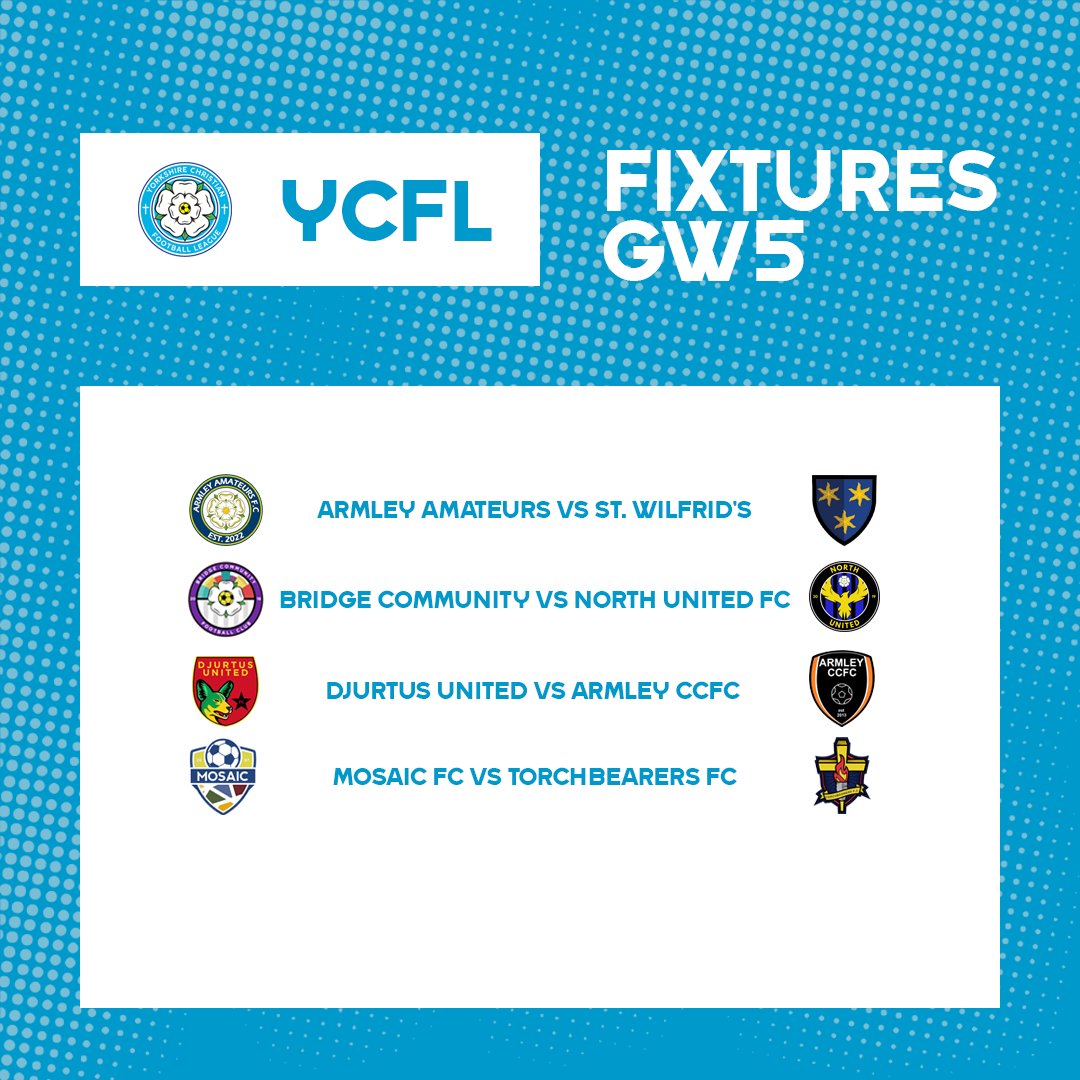 YCFLOfficial's tweet photo. Game Week 5!

A few teams in other cup competitions this week. Nonetheless, there are still 4 fixtures in the YCFL this weekend. https://t.co/VnHOSnKHpk