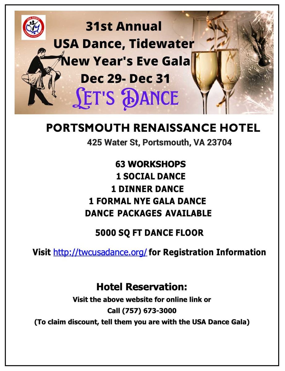 usadanceinc's tweet photo. Did you know that USA Dance Tidewater Chapter has extended the Early Bird Registration deadline for the New Year's Eve Gala? The new Deadline is October 22, 2022. The event WILL take place in St. Portsmouth, VA. Do Not miss the savings! Register now: https://t.co/XdRsOo3Tzn https://t.co/2NNXsyqNaz
