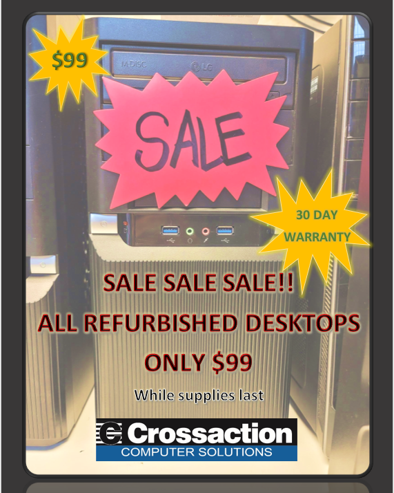 CrossactionUT's tweet image. **SALE SALE SALE**
All of our refurbished desktops are on sale for just $99! Get yours while supplies last at Crossaction Computers on Riverdale Road in Ogden! 
#crossaction #computers #SALESALESALE #desktops #whilesupplieslast #refurbished #getyourstoday #friday