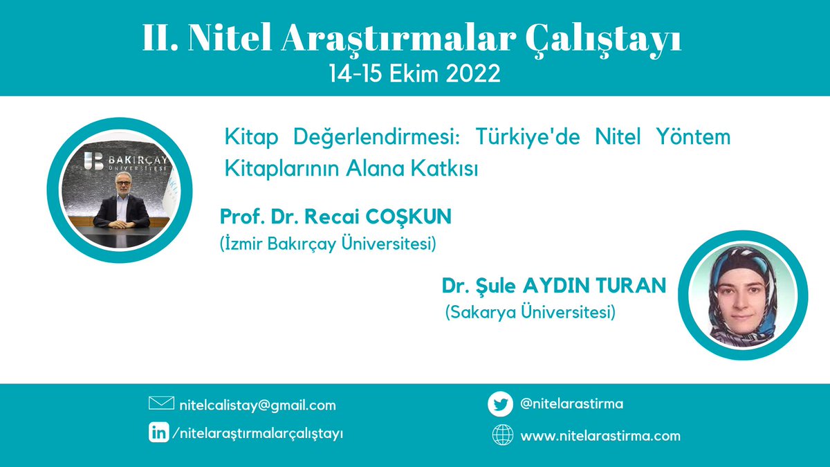15 Ekim Nitel Araştırmalar Çalıştayı yedinci oturumunda "Kitap Değerlendirmesi: Türkiye'de Nitel Yöntem Kitaplarının Alana Katkısı" başlığı altında Prof. Dr. Recai Coşkun ve Dr. Şule Aydın Turan ile birlikte olacağız. 
#nitelcalistay2022
<a href="/suleaydinturan/">Şule Aydın Turan</a>