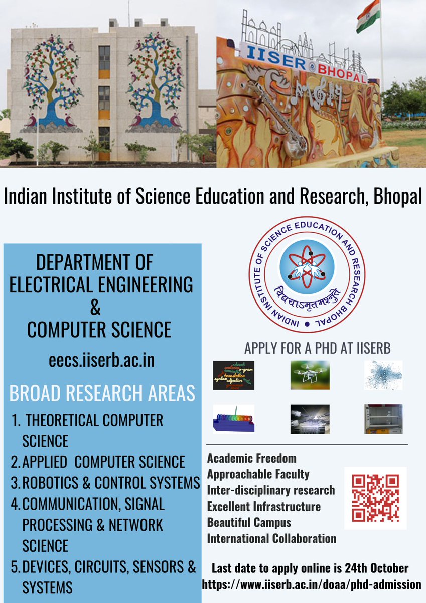 Department of EECS at IISER Bhopal invites applications for Ph.D. positions in the January semester. Interested candidates can apply online at iiserb.ac.in/doaa/admission

Deadline: October 24, 2022.

#phdposition #admission #eecs #iiserb #moe #electricalengineering #computerscience
