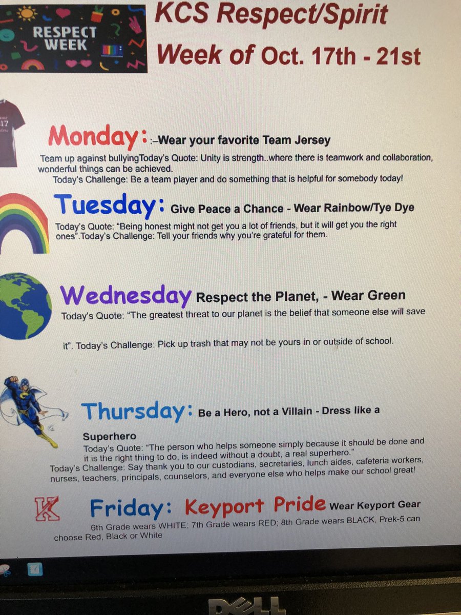 Week of Respect! October 17-21. Show your support KCS. There will be a Middle School Challenge. Who has the most school spirit? Will it be 6th grade, 7th grade or 8th?? We will find out Friday!