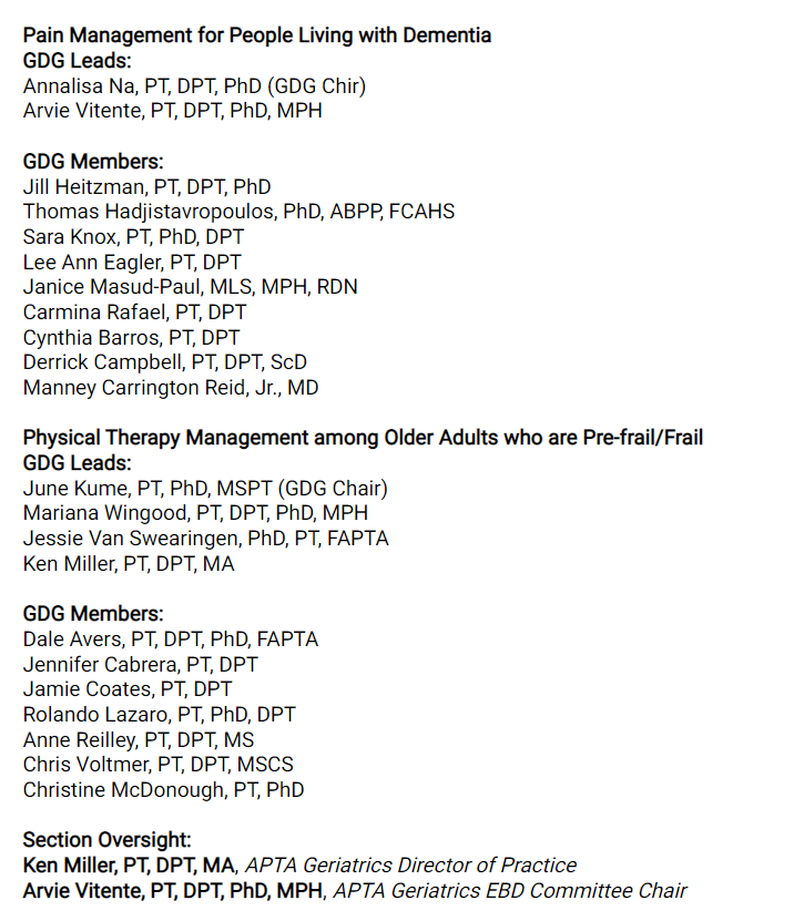 APTA_Geriatrics's tweet photo. Congratulations to the Following Appointed Members for APTA Geriatrics Guideline Development Groups (GDG)!

#ageon #APTAGeriatrics #GeriatricPT https://t.co/G1YkFzV1gw