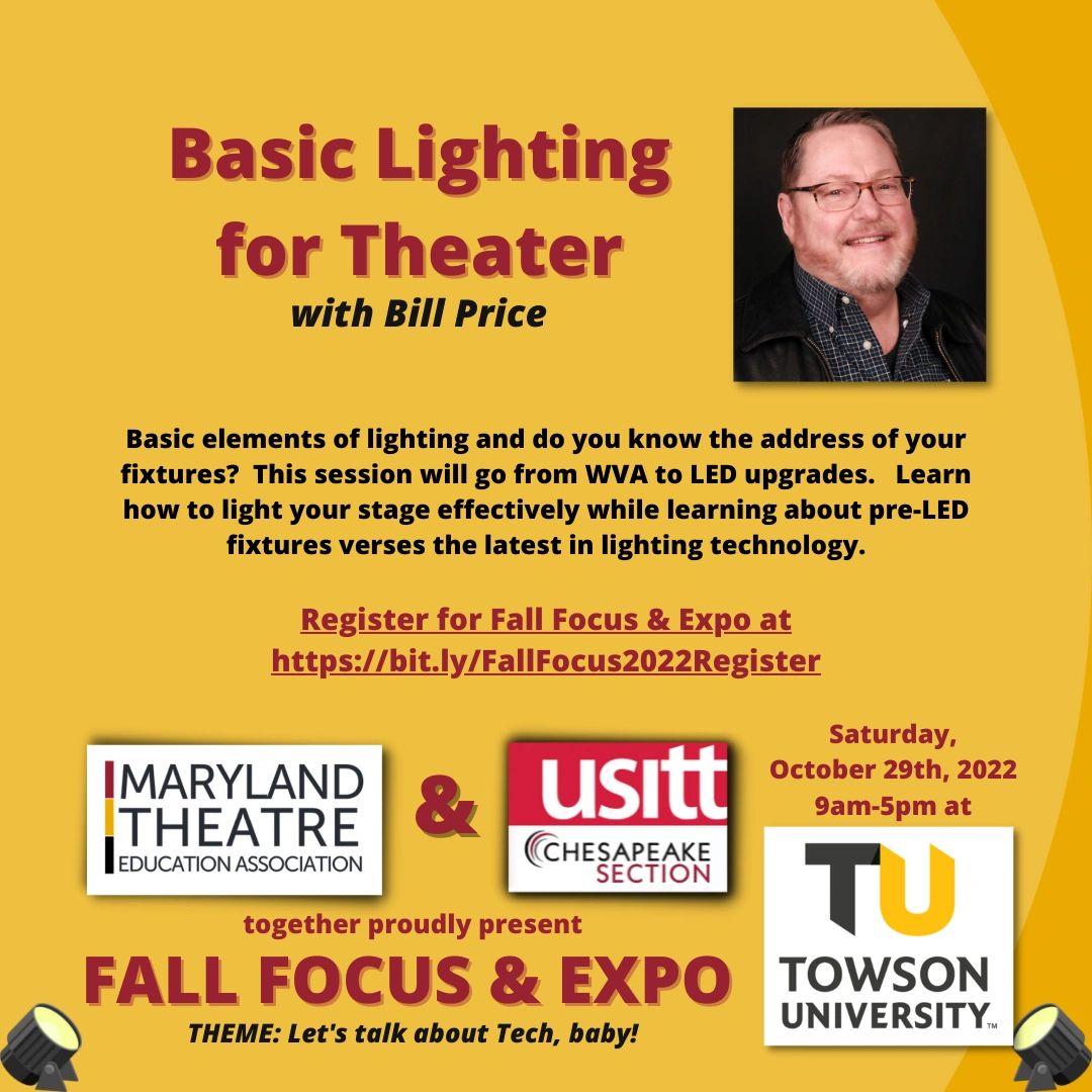 MdTheatreEd's tweet photo. Check out these amazing workshops @ Fall Focus &amp; Expo on October 29th.
FREE for members of either organization
MTEA or USITT Membership $25
Both Orgs Membership $45
USITT Student* Membership $5
Join today @ https://t.co/duIucEQkdG
then register for EXPO at https://t.co/Yg1OfFLl45 https://t.co/DcFwpIUBHv