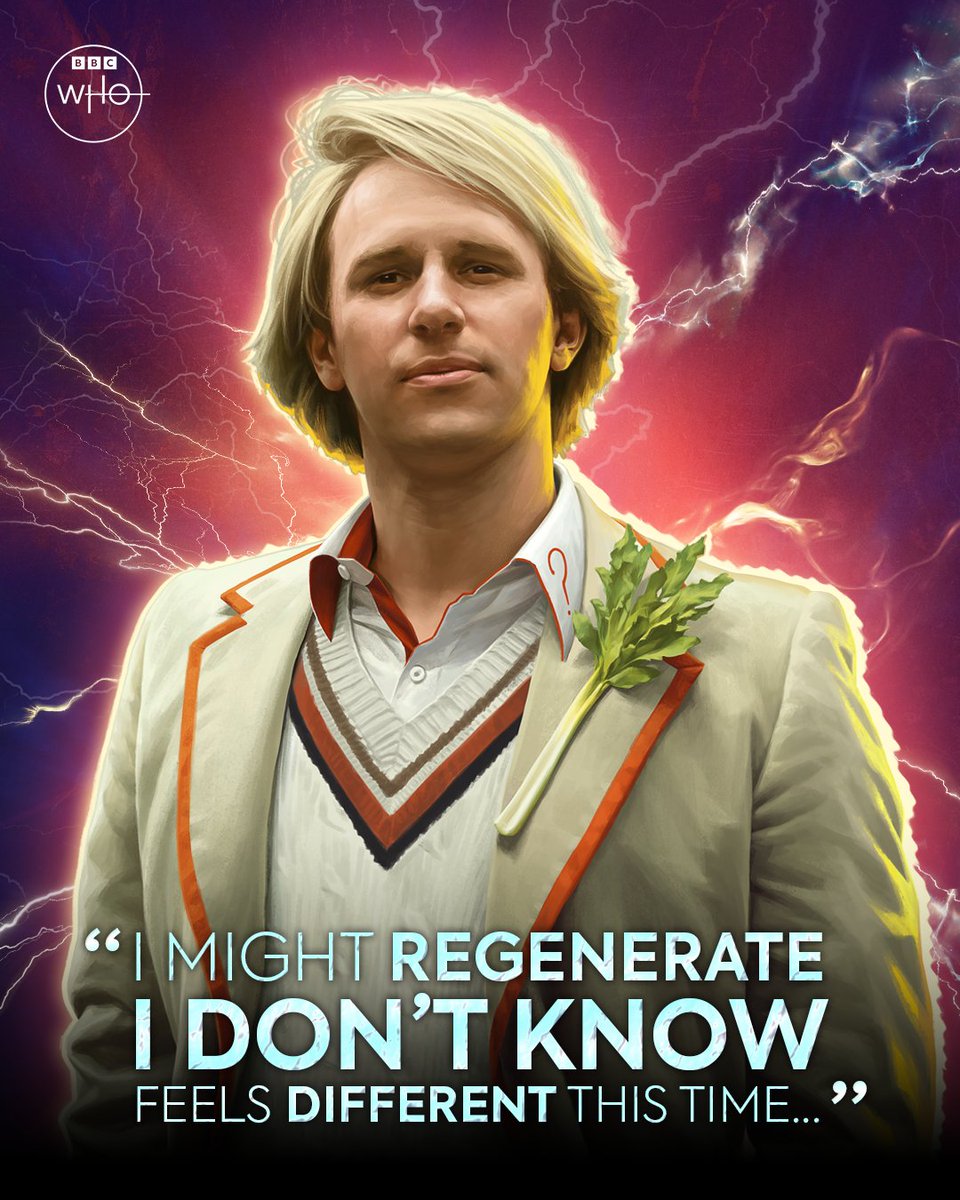 bbcdoctorwho's tweet photo. Playing the universe with an open face, a straight bat... And a stick of celery.

The Fifth Doctor: 1981 - 1984 🔥 #DoctorWho https://t.co/nZdhrNKrPh