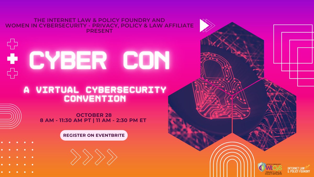 The Foundry (@ilpfoundry) on Twitter photo To celebrate #CybersecurityAwarenessMonth, the #ILPFoundry is proud to partner with <a href="/WiCyS_PLP/">WiCyS Privacy, Law, and Policy Affiliate</a> to host CYBER CON.
Join us on Oct. 28 at 11 am ET for an exciting #virtual #cybersecurity convention featuring talks with renowned #cyber experts!
Register: eventbrite.com/e/cyber-con-ti… To celebrate #CybersecurityAwarenessMonth, the #ILPFoundry is proud to partner with <a href="/WiCyS_PLP/">WiCyS Privacy, Law, and Policy Affiliate</a> to host CYBER CON.
Join us on Oct. 28 at 11 am ET for an exciting #virtual #cybersecurity convention featuring talks with renowned #cyber experts!
Register: eventbrite.com/e/cyber-con-ti…