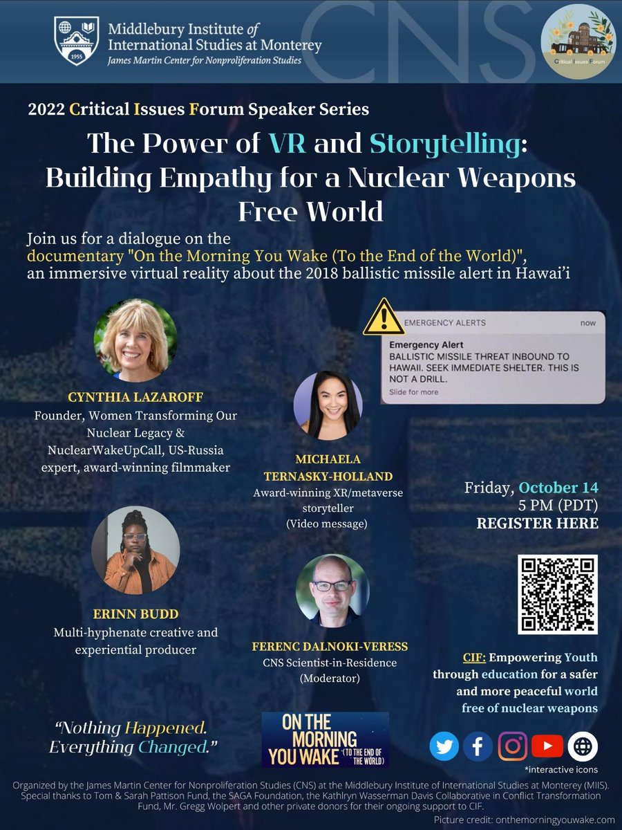 MorningYouWake's tweet photo. Join us today at 5PM PDT (8PM EST) for a virtual discussion with @CIF_CNS about #onthemorningyouwake
The power of VR & Storytelling: Building Empathy for a
#NuclearWeaponsFreeWorld #Hawaiimissile #NuclearBan
REGISTER HERE: https://t.co/wr0ZjxM8ja https://t.co/IY8ftz2sbk