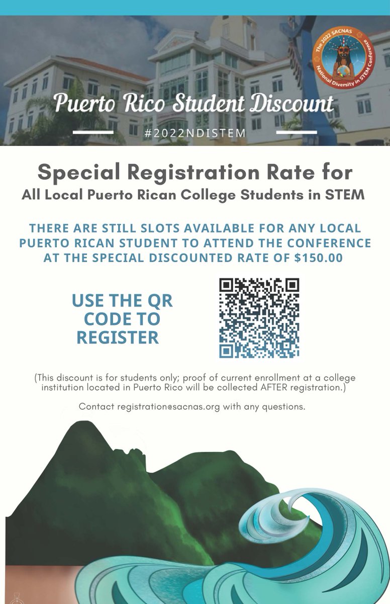 Para acceder el descuento para estudiantes universitaries de Puerto Rico para asistir a la conference #NDiSTEM de <a href="/SACNAS/">SACNAS</a> puedes escanear el QR code o usar este enlace na.eventscloud.com/ereg/newreg.ph…