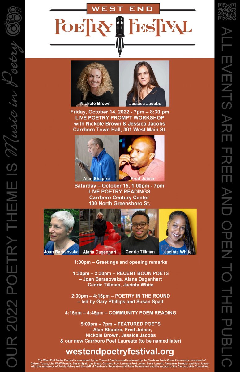 📖🎼 Music in Poetry🎼📖

The 17th Annual West End Poetry Festival starts today!

Today's event will be at #Carrboro Town Hall. Tomorrow's events will be at the Century Center.

All events are free &amp; open to the public.

➡️ westendpoetryfestival.org 

 #poetry  #slowdown4poetry