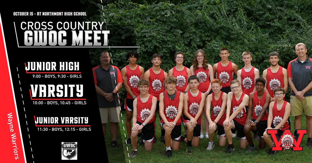 WayneAthletics's tweet photo. We want to wish a special good luck to all of our Cross Country teams as they will race at the GWOC Championship on Saturday.   The event is at Northmont HS with tickets available at https://t.co/tqOWT8weho
Go Warriors! https://t.co/0ryDqqbIhK