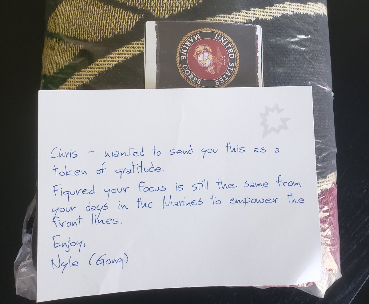HUFF's tweet photo. I received this gift today. No return address. Just a note from Nyle (aka Gong). But I'm the wrong Chris Huff. I don't know Nyle; I was never in the Marines. I want to get this gift to its rightful owner, so this is where I hope the Internet can help find the correct #ChrisHuff https://t.co/amX0iQimhf