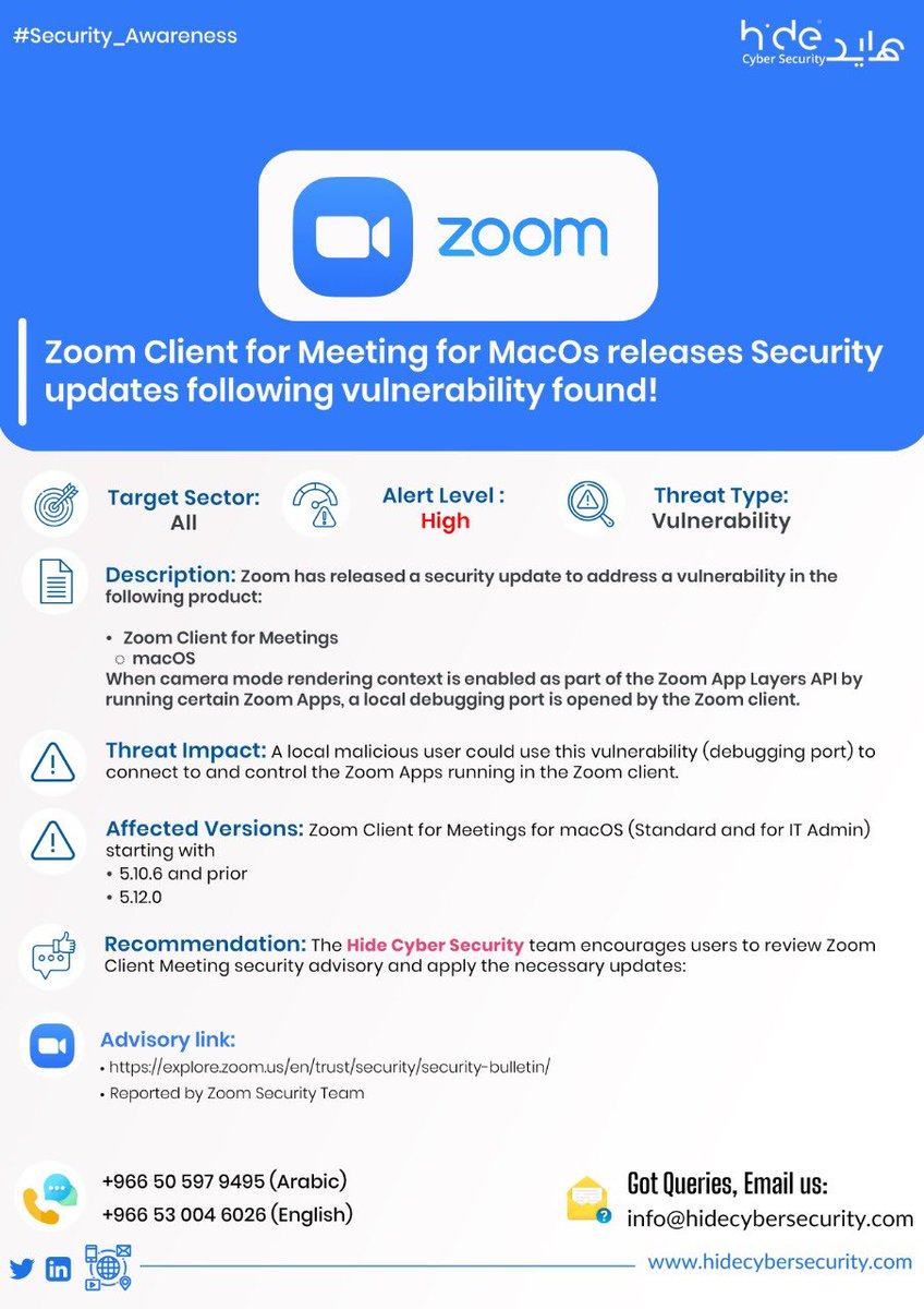 hidecybersec's tweet photo. Zoom Client for Meeting for MacOs releases Security updates following vulnerability found! #CyberSecurityAwareness #SaudiArabia #riyadh #cybersecurityawareness https://t.co/vcCua0PrIm