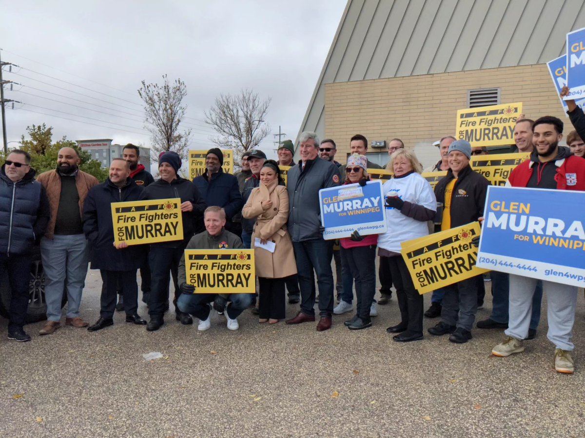 terrymacleod's tweet photo. Lots of @Glen4Wpg supporters came this morning to learn more about Glen's inventive way of #fundinginfrastructure. Among those backers were six @IAAF @firefighters many of whom had been up all night fighting 3 fires in #TheNorthEnd. With no sleep they came to stand with Glen. https://t.co/ya2TNEhpPz