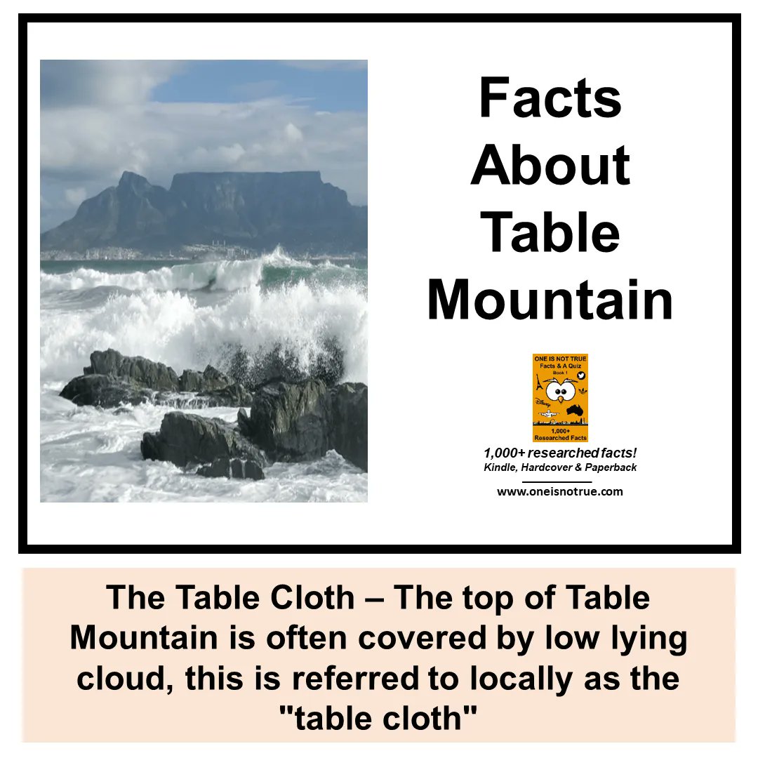 oneisnottrue's tweet photo. 10 #Facts About #TableMountain - #TheTableCloth
The top of Table Mountain is often covered by low lying cloud, this is referred to locally as the "table cloth"
Over 1,000+ researched facts, more here - https://t.co/T2SdcwbXTG https://t.co/AEFCTpJPOE
