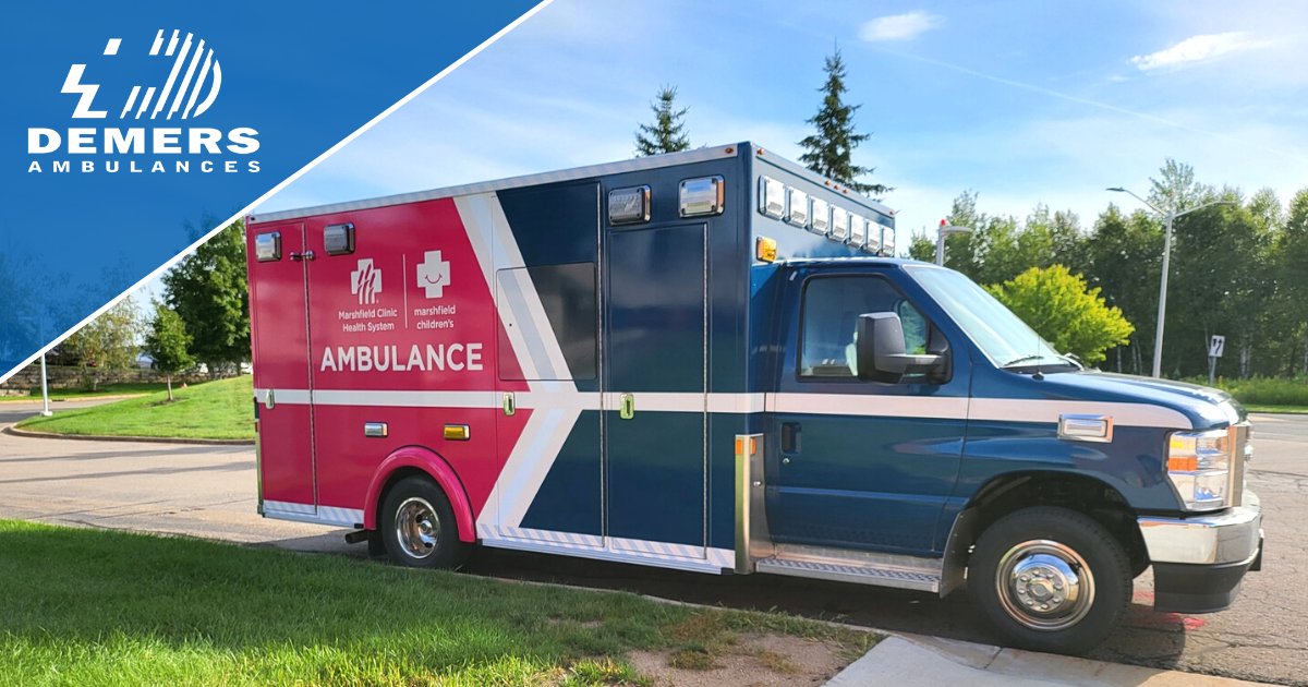 DemersAmbulance's tweet photo. Marshfield Clinic Health System in Marshfield, Wisconsin. USA has a new Demers MX 170 thanks to @PomaslFire. This unit has also gotten an eye-catching graphics package in blue and pink that is highly reflective for increased safety. π· @PomaslFire #DemersAmbulances #MX170 https://t.co/Ppu74n4sgY