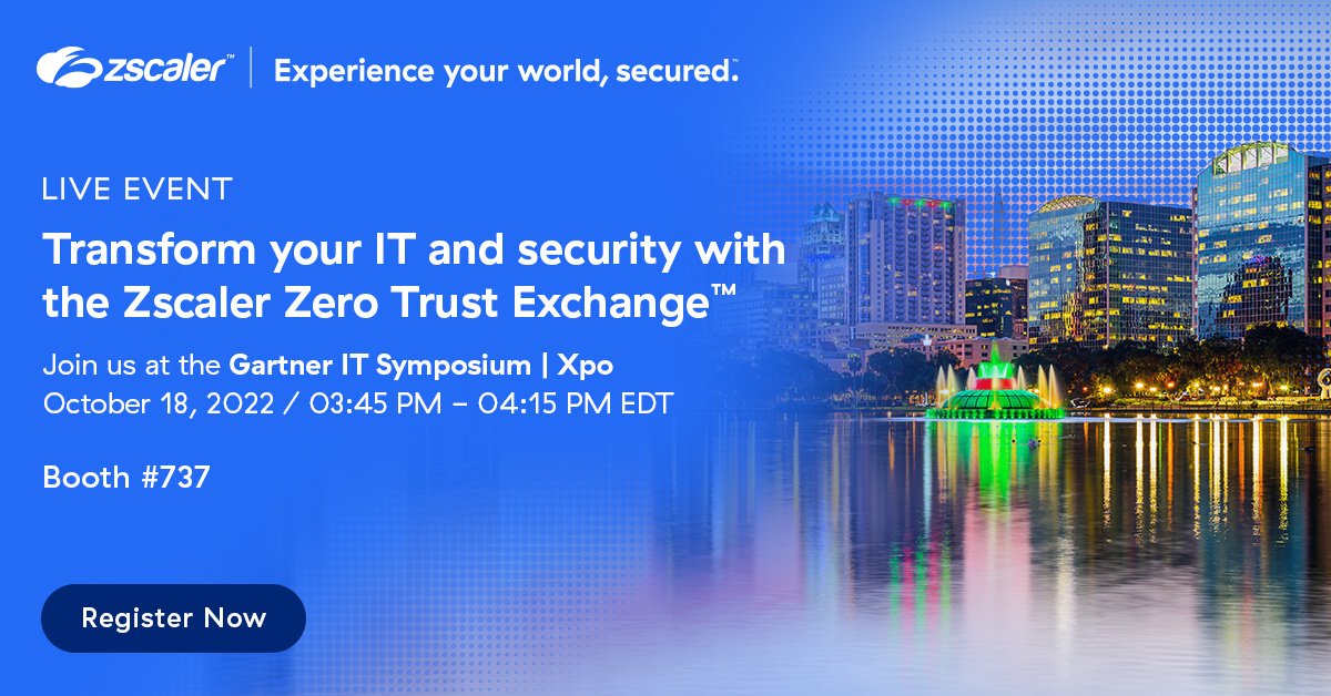 zscaler's tweet photo. Next week, Zscaler will be attending the Gartner IT Symposium/Xpo 2022 conference where CIOs and IT leaders come together to explore the technology, insights, and trends shaping the future of IT and business. We hope to see you there! https://t.co/GsfagBvipR https://t.co/j40c9B9uqp