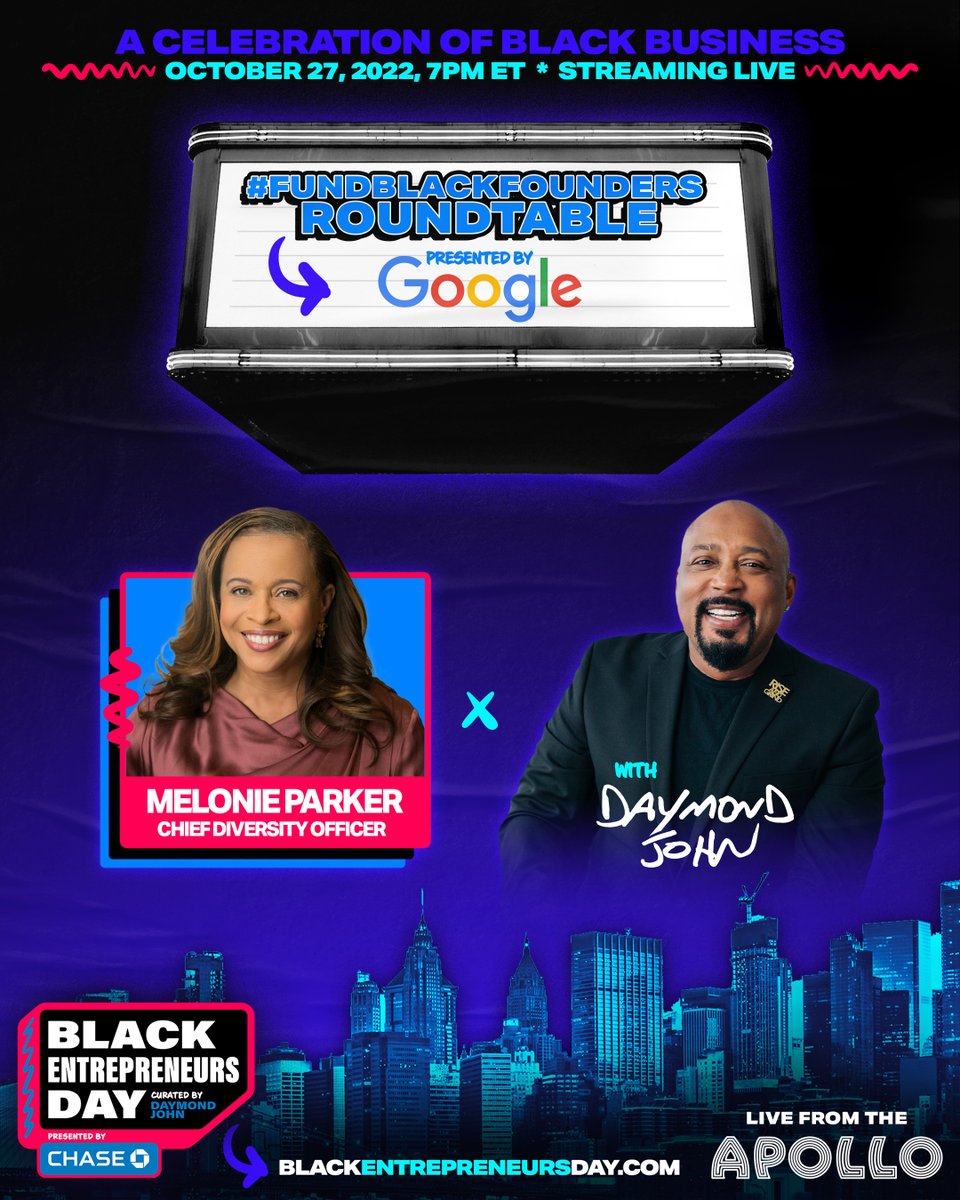 BlackEntrepDay's tweet image. New for 2022, #FundBlackFounders Roundtable presented by @Google ft. @TheSharkDaymond &amp;amp; Melonie Parker, VP &amp;amp; Chief Diversity Officer at Google talks about the Google for Startups Black Founders Fund, &amp;amp; other initiatives that enable Black entrepreneurs &amp;amp; startups to thrive.