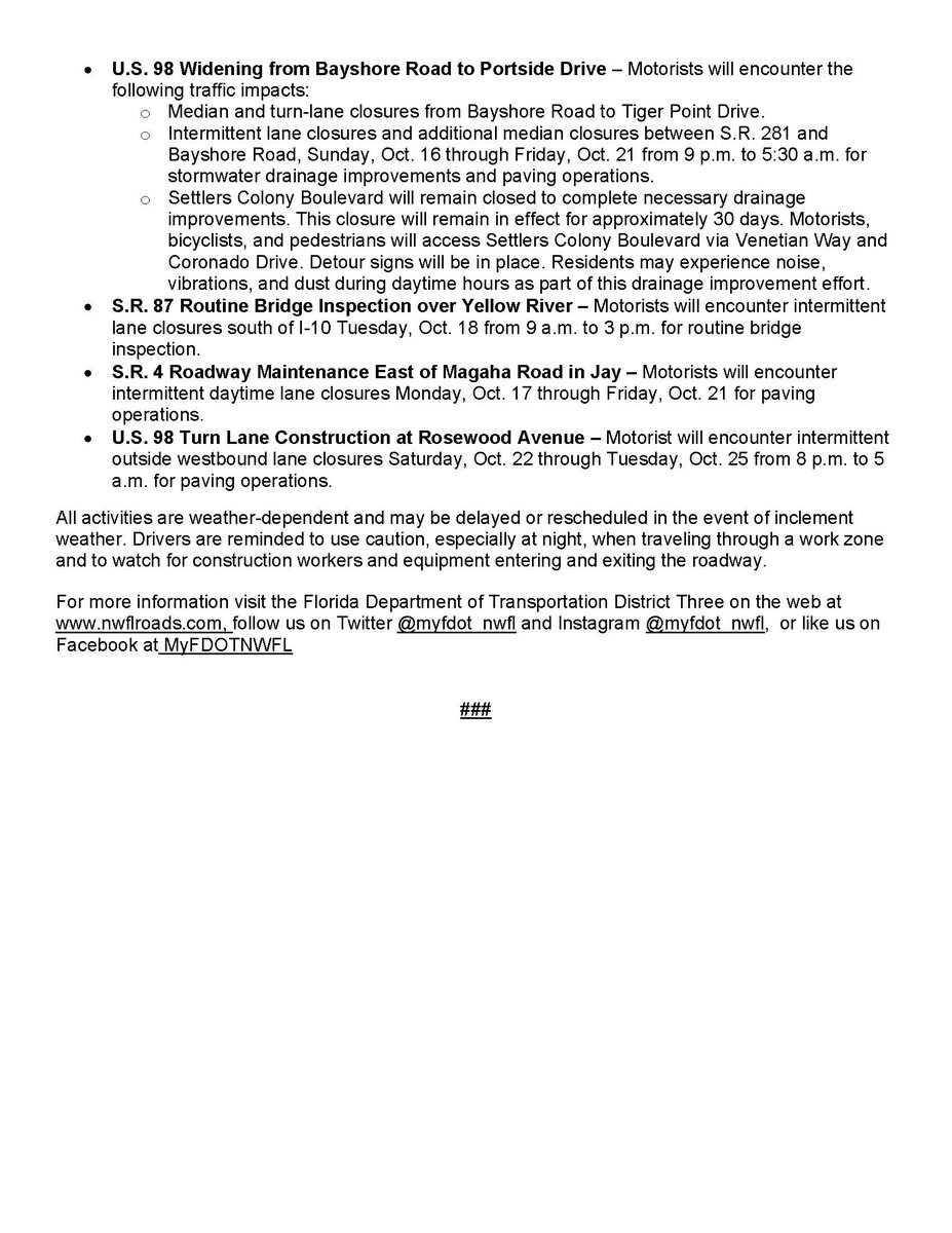 ECPublicSafety's tweet photo. 📢 Attention Escambia County drivers❗ Here is your weekly traffic advisory from FDOT for Oct. 16-22. 👇 https://t.co/D7AKkwARH9
