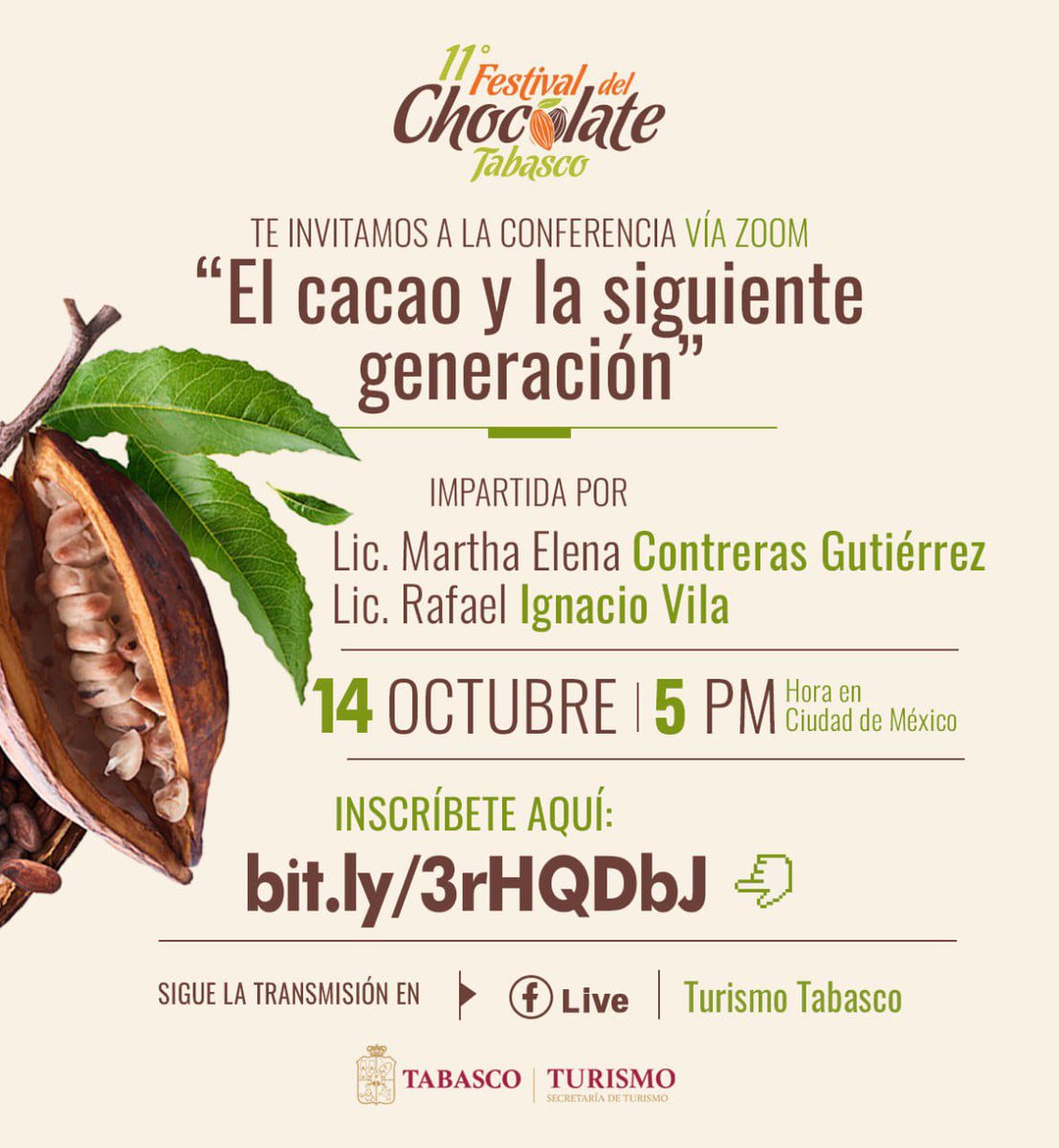 Este 14 de octubre a las 5 pm. se estará impartiendo vía zoom la Conferencia  "El cacao y la siguiente generación"  con la Lic. Martha Elena Contreras Gutiérrez y el Lic. Rafael Ignacio Vila.

Previo registro en bit.ly/3rHQDbJ 

#TabascoMemorable #Trendstur