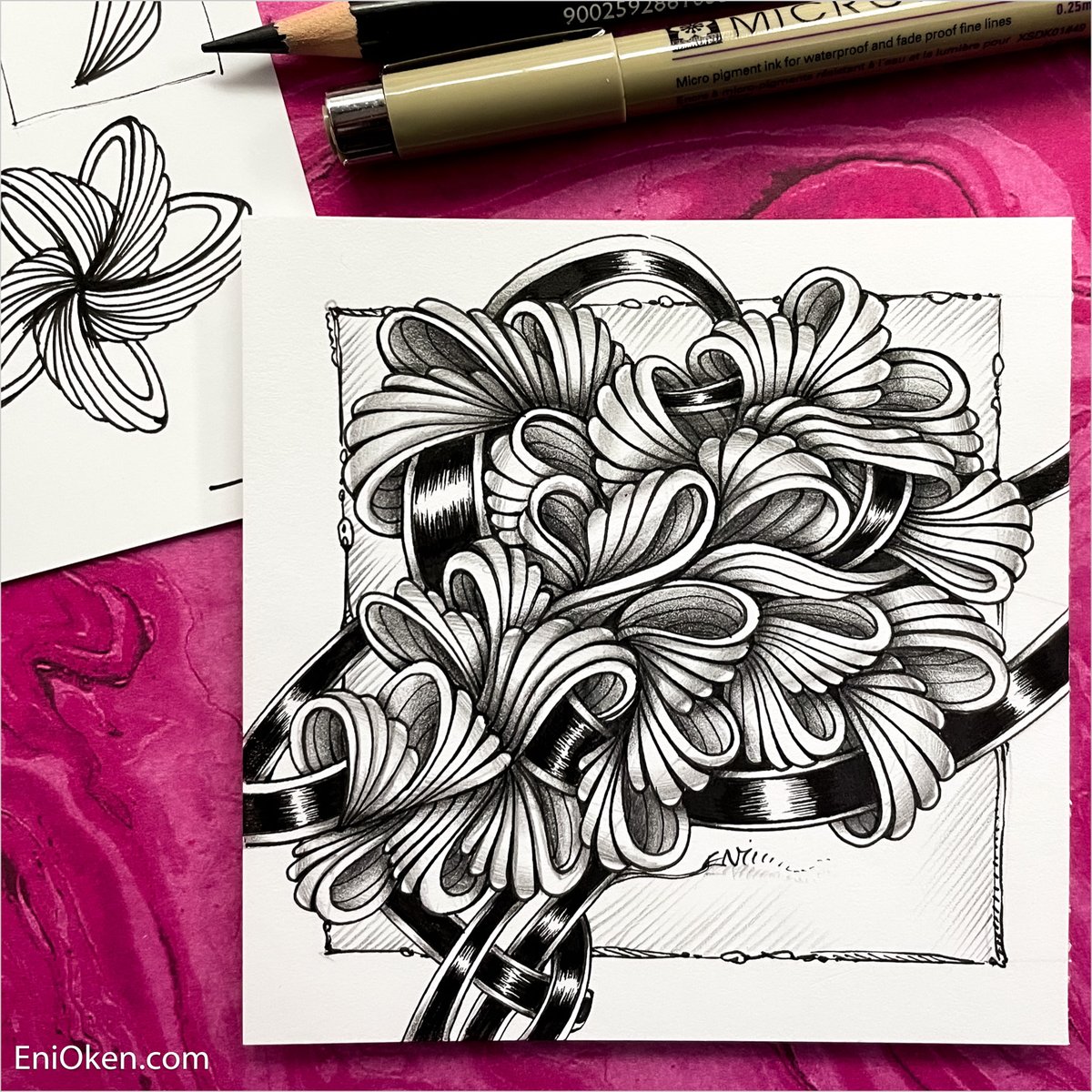 EniOken's tweet photo. Philoxy (Inktober Tangles Day 13) caught my eye. I wondered if I could play with the fragment in a bit more freeform way other than radial. #inktobertangles2022 To see more pictures visit my blog https://t.co/dCMjx9J3uS https://t.co/ZLUDzsd6do