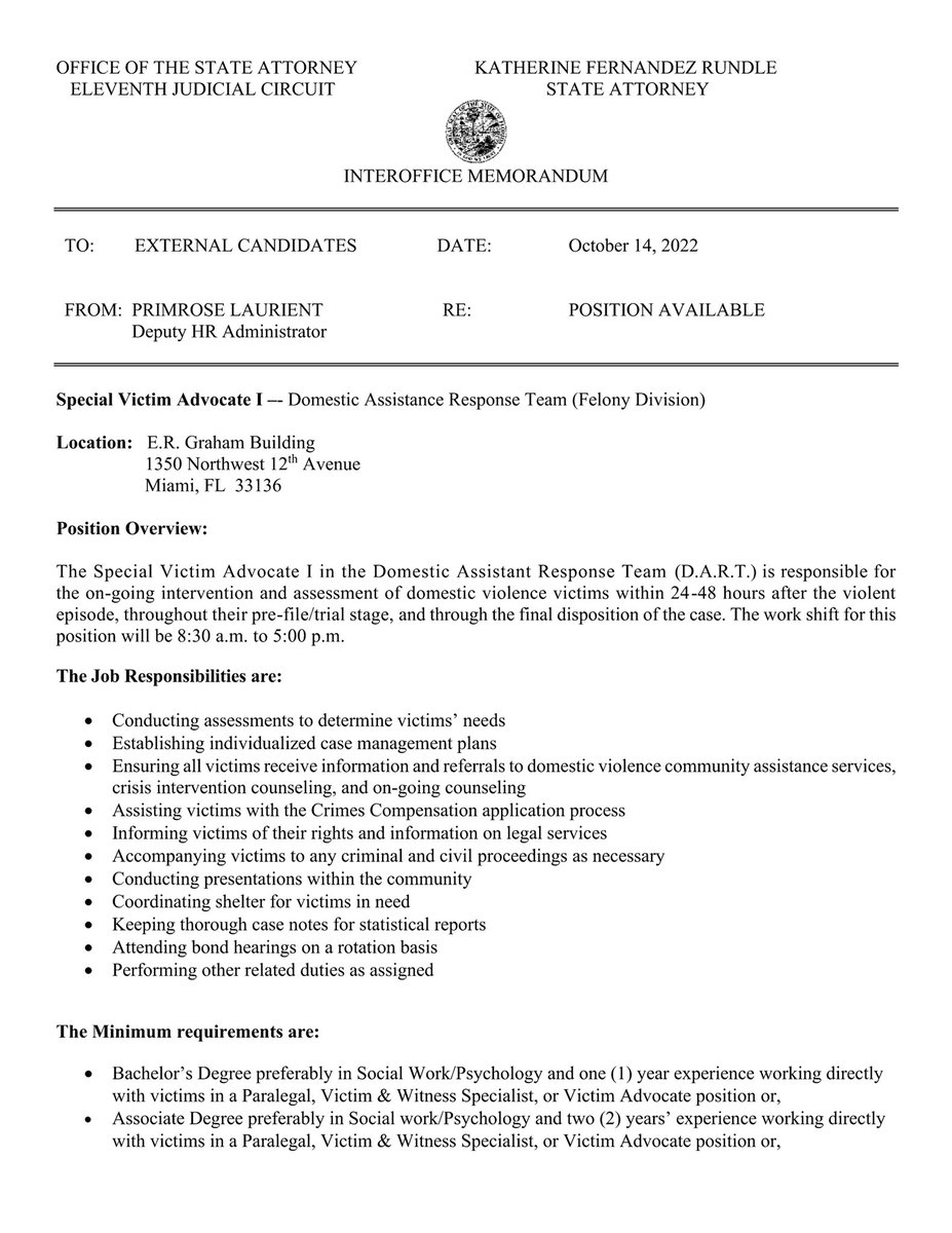 KathyFndzRundle's tweet photo. To apply for this position, please complete and submit an application and updated resume to: SAOJobs@MiamiSAO.com with the Subject: Special Victim Advocate I – DART. Applications can be downloaded from our website at: #miamisao (2/2) https://t.co/S9bihJjnpl