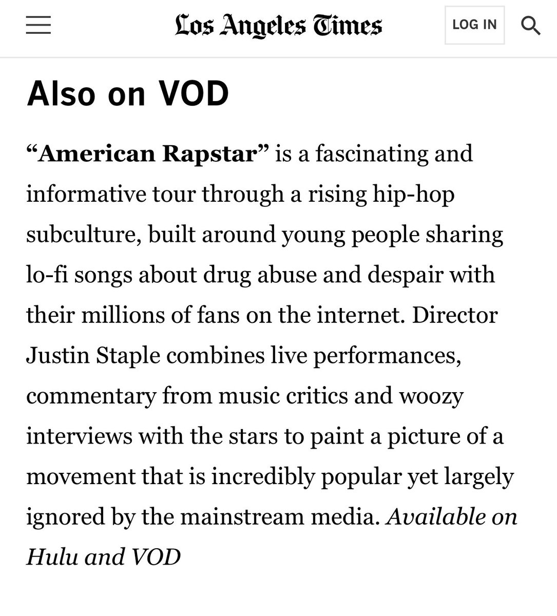 justinstaple's tweet photo. "fascinating and informative" - @latimes #AmericanRapstar out everywhere now! @utopiamovies 🔥🔥 https://t.co/bfW8CgdNE6