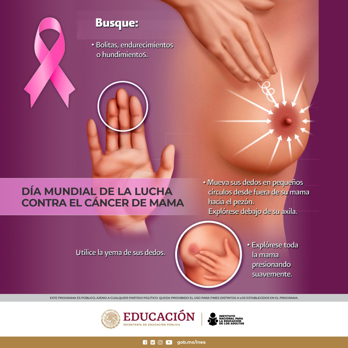 INEAmx's tweet photo. Según la Organización Mundial de la Salud, cada 30 segundos ⌛️ en algún lugar del mundo una mujer es diagnosticada con cáncer de mama. 

🗓️Hoy es el Día Internacional de la lucha contra esta enfermedad.

🚨Prevenir, diagnosticar, tratar y controlar es tarea de todas y todos. https://t.co/QysMIu44JM