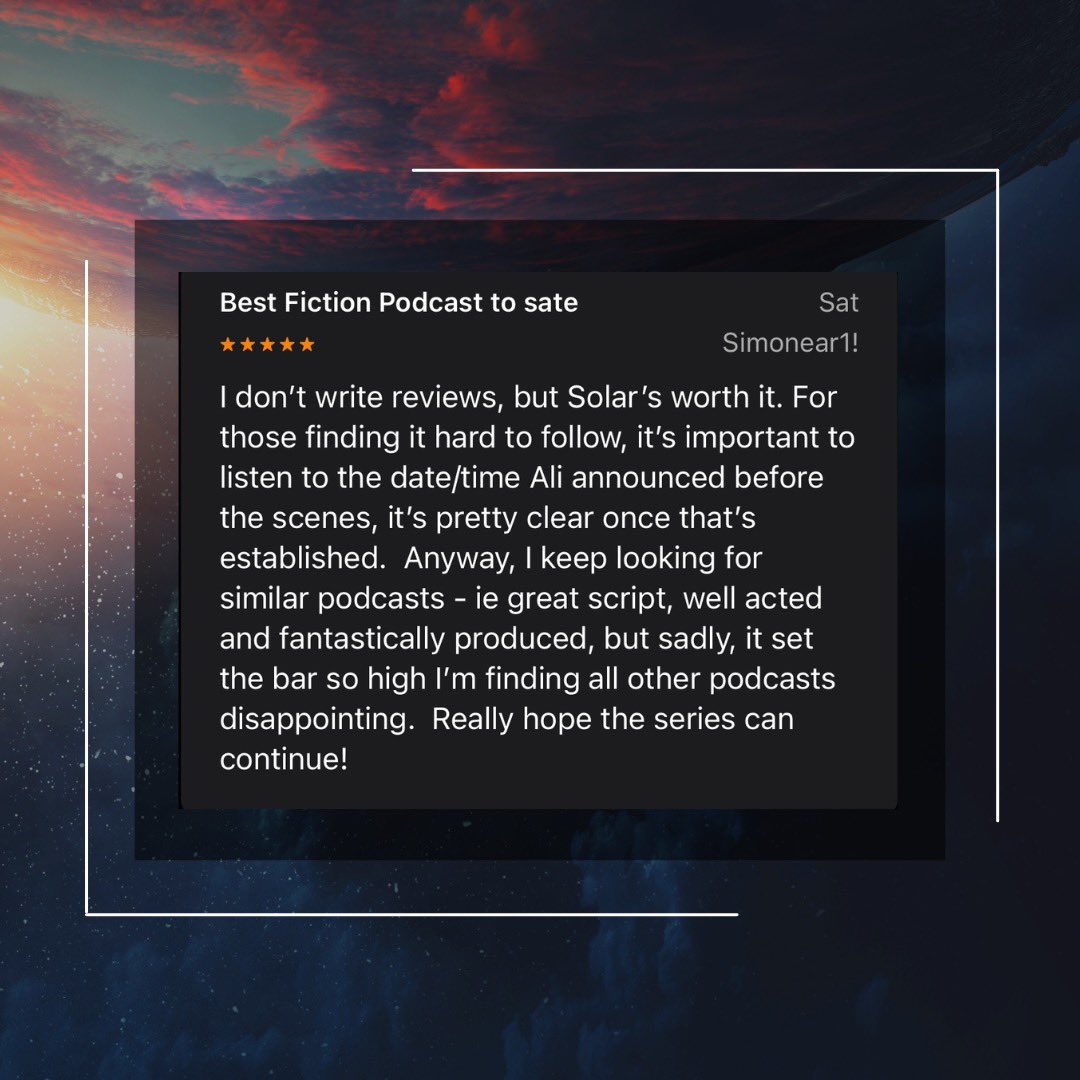 “It sets the bar so high I’m finding all other podcasts disappointing.”

Raise your expectations. 

#solarthepodcast #audiodrama #3Daudio #podcast