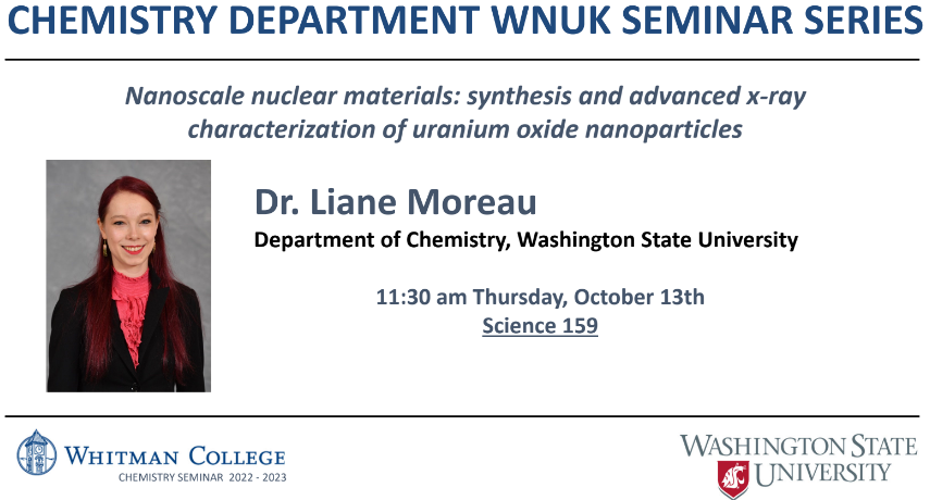 WhitmanChem's tweet photo. We were very fortunate to have Dr. Liane Moreau from @ChemistryWSU give a talk on synthesis and x-ray characterization of uranium nanoparticles yesterday in our Wnuk Seminar Series. What a treat to hear about Dr. Moreau's powerful intersection of research interests and expertise! https://t.co/Q0xObEiTKF