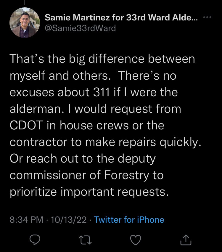 PotatoesOGrady's tweet image. Really gives the game away here. He fully admits that a ward office cannot do work like tree trimming and pothole repair itself, and that all he’d actually do is send some emails. No plan to address the actual issue - austerity budgets underfunding and understaffing city services