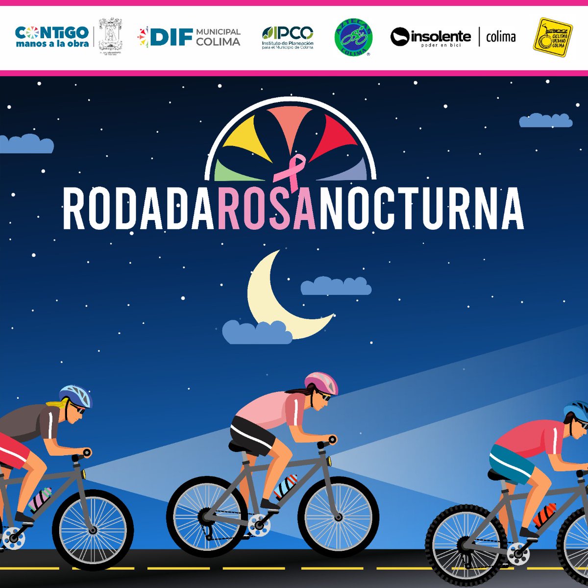 En el #MesdeSensibilizaciónsobreelCáncerdeMama te invitamos a formar parte de la Rodada Rosa Nocturna 🚴🏽‍♀️ el próximo jueves 20 de octubre en el Jardín Gabriela Mistral.
📍 goo.gl/maps/PgXLuFMHR…

¡Habrá sorteo de mastografías y regalos sorpresa entre los asistentes!