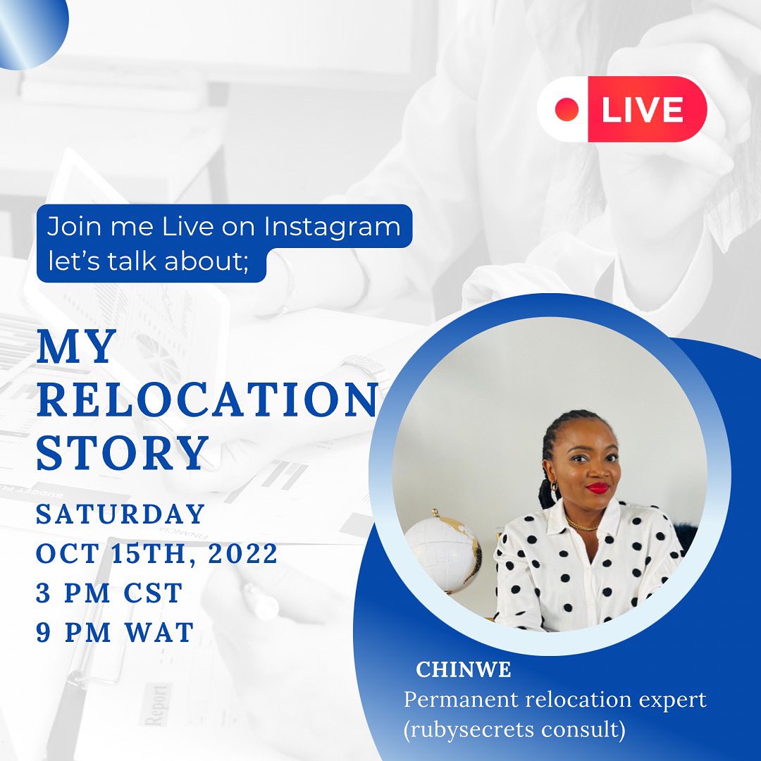 Join me tomorrow live on Instagram @rubysecrets_consult to talk about my Relocation journey and the opportunities available for you if you will like to relocate too.

Time: 3 PM CST/9 PM WAT
Venue: Instagram 
#rubysecrets #relocationstory #iglive #iglivestream #relocationconsult