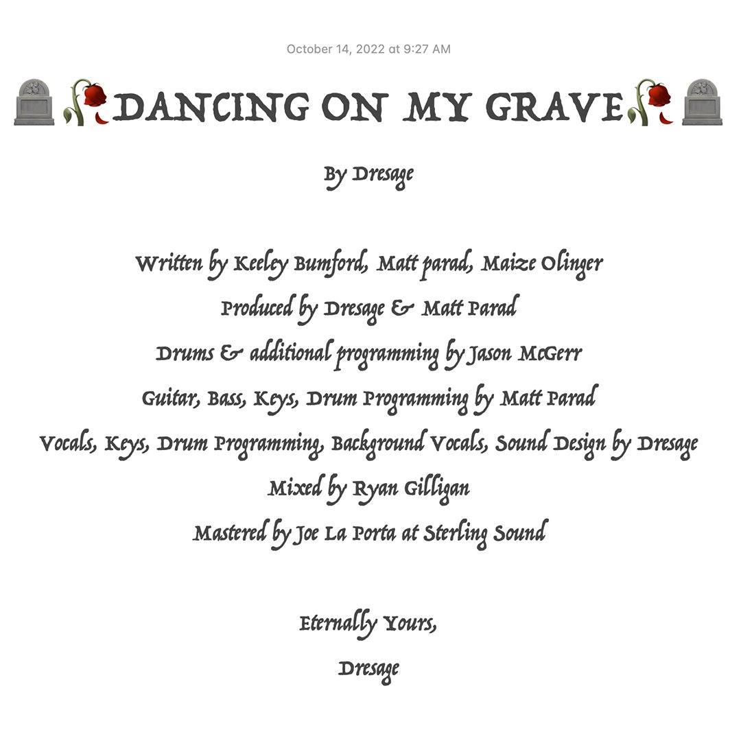 🪦🥀Dancing On My Grave🥀🪦
exists for your ears eternally today

It’s one of my favorite things I’ve made, I hope you love it too and share it with a friend or foe

ffm.to/dresage_dancin…

Yours in life &amp; after,
Dresage

Photo Paige Strabala