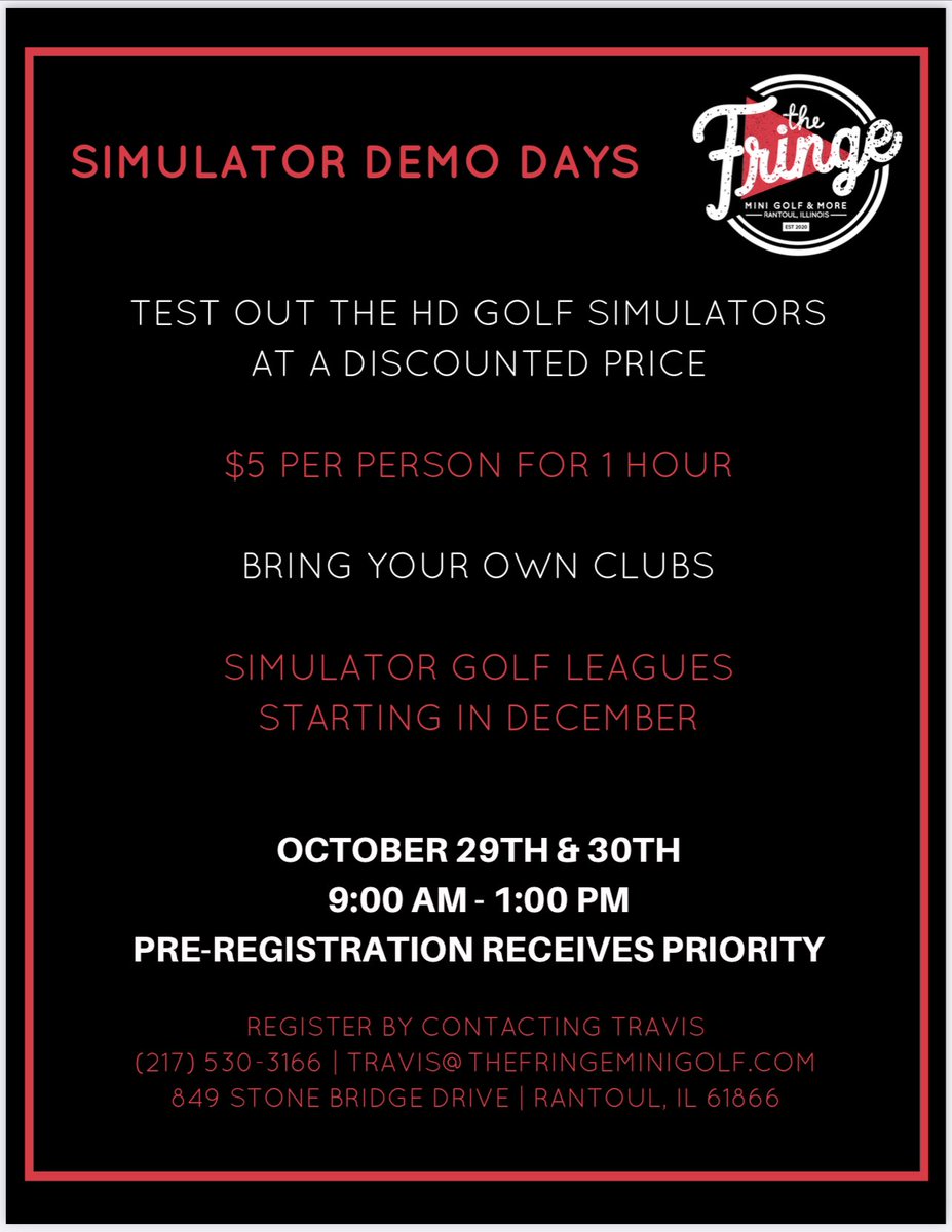 fringeminigolf's tweet photo. Interested in participating in our winter golf simulator leagues, but not sure about playing golf on a simulator?  Come and try them out for just $5 for an hour on October 29th or 30th.  (Rental of simulators will be available at $40 per hour following these demo sessions.) https://t.co/4rfaBcN74u