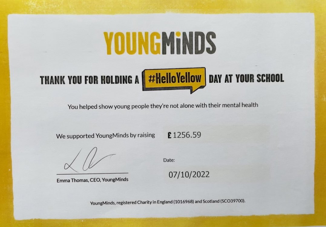 BirkenheadPsych's tweet photo. A magnificent effort by students @BirkenheadSchl to raise funds for @YoungMindsUK with our #HelloYellow event. 🙏 to all who went the extra mile 😊🧠💛 #MentalHealth @BirkenheadPsych #Psychology https://t.co/Ebno0dCmvU