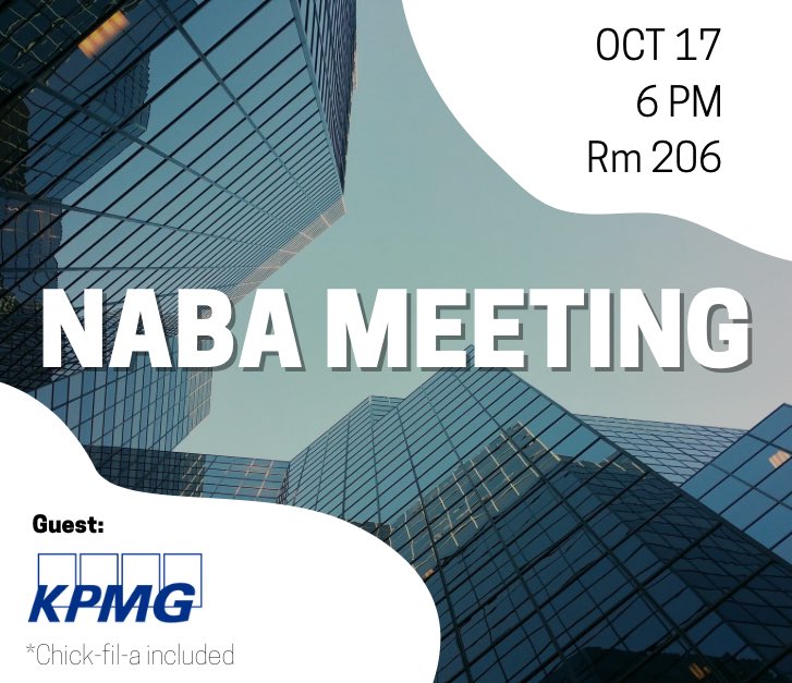 Hey NABA Fam👋, get excited to meet with KPMG! KPMG is a global network of professional firms providing Audit, Tax &amp; Advisory services. Come out this Monday, October 17, at 6pm, to learn more! Hope to see you there!

*Food Will be Provided*