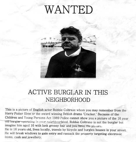 YourWullie's tweet photo. Favorite Robbie Coltrane story. Police in New Zealand hunting a serial burglar issued a wanted poster bearing a photo of Robbie. The law bars police from publishing photos of juveniles, so they defaulted to Robbie. I'm sure he would've approved. 
Rest in peace Robbie ⭐❤⭐ https://t.co/gNIhIUPPwC