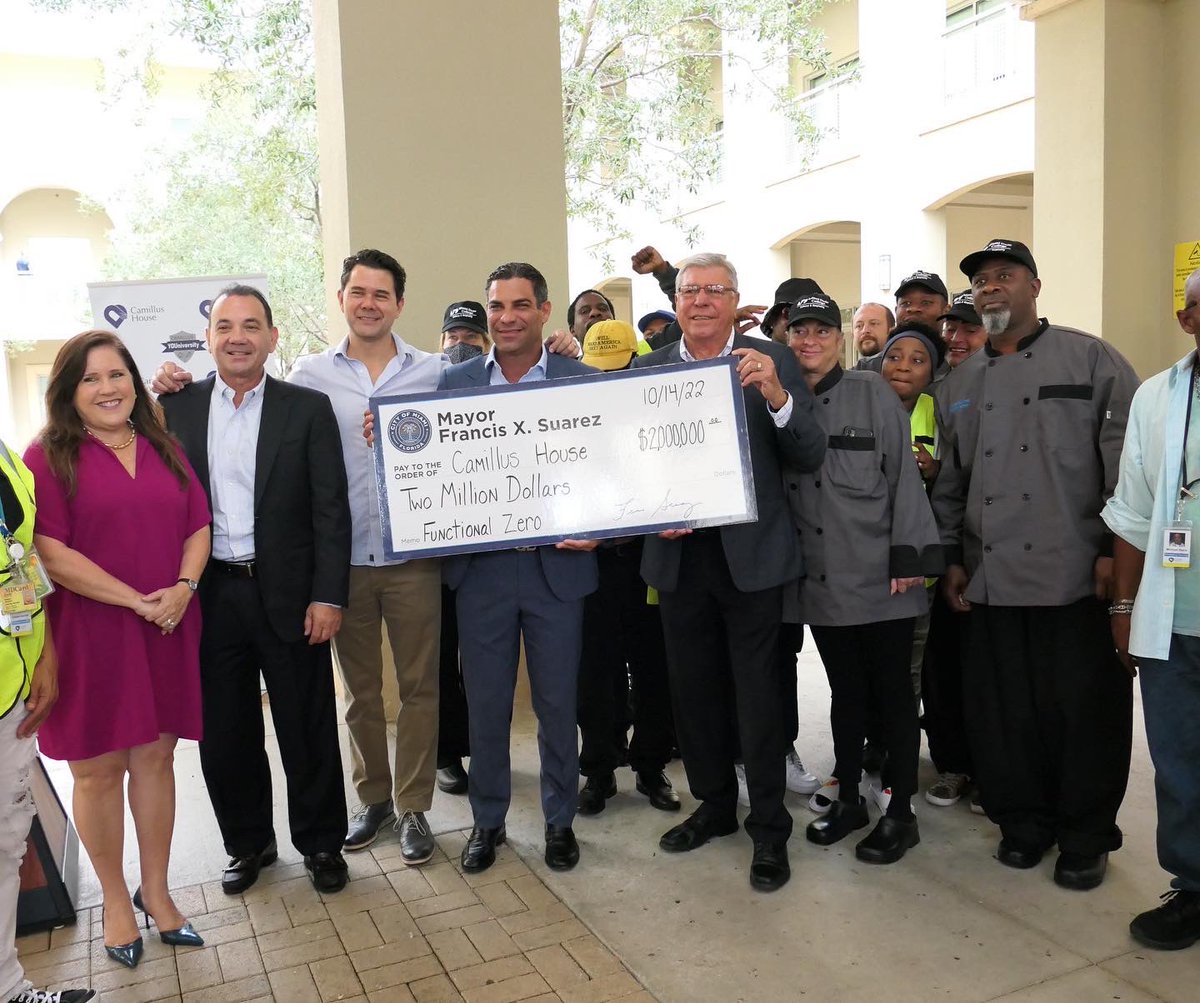 FrancisSuarez's tweet photo. Today we have committed $2M to @CamillusHouse in an effort to make Miami the first major city in America to achieve functional zero homelessness. This money will go towards expanding bed capacity, workforce development, and educational programs to create a #MiamiForEveryone https://t.co/S7CsBrxqE5