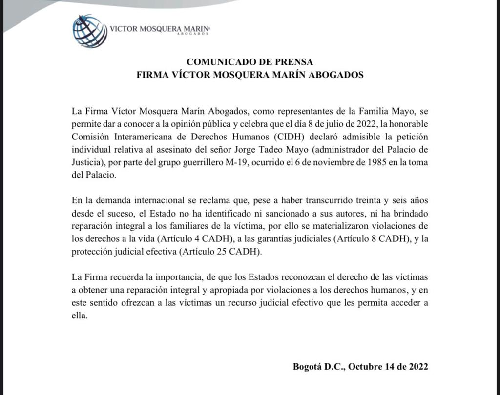 Dato: Corte Penal Internacional <a href="/CortePenal_/">Corte Penal Internacional - Crímenes en Venezuela</a> admite demanda presentada por la firma de <a href="/VictorMosqueraM/">Victor Mosquera Marin</a> contra el M19 por el asesinato de Jorge Tadeo Mayo administrador del Palacio de Justicia fusilado por esa guerrilla a la que perteneció el hoy presidente Petro <a href="/petrogustavo/">Gustavo Petro</a>