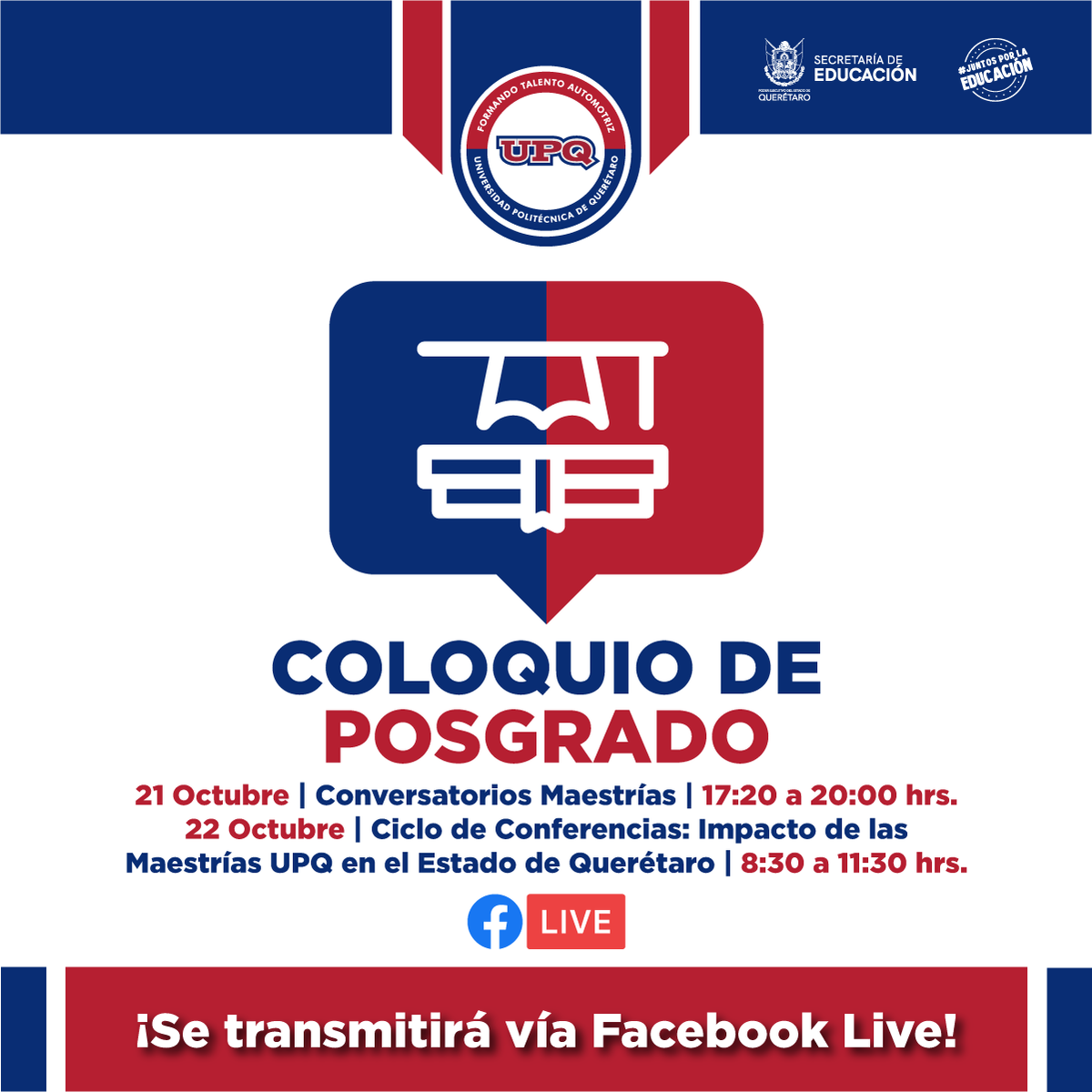 UPQoficial's tweet photo. Conoce nuestra oferta de posgrado 👩🏽‍🎓👨🏽‍🎓
Participa en el 1º Coloquio de Posgrado y conoce a detalle nuestras maestrías. ¡Tendremos sesiones de Facebook live! 

����21 octubre 17:20 hrs: Conservatorios Maestrías
🔷22 octubre 08:30 hrs: Ciclo de Conferencias, Impacto de las Maestrías https://t.co/78NITAuKLZ