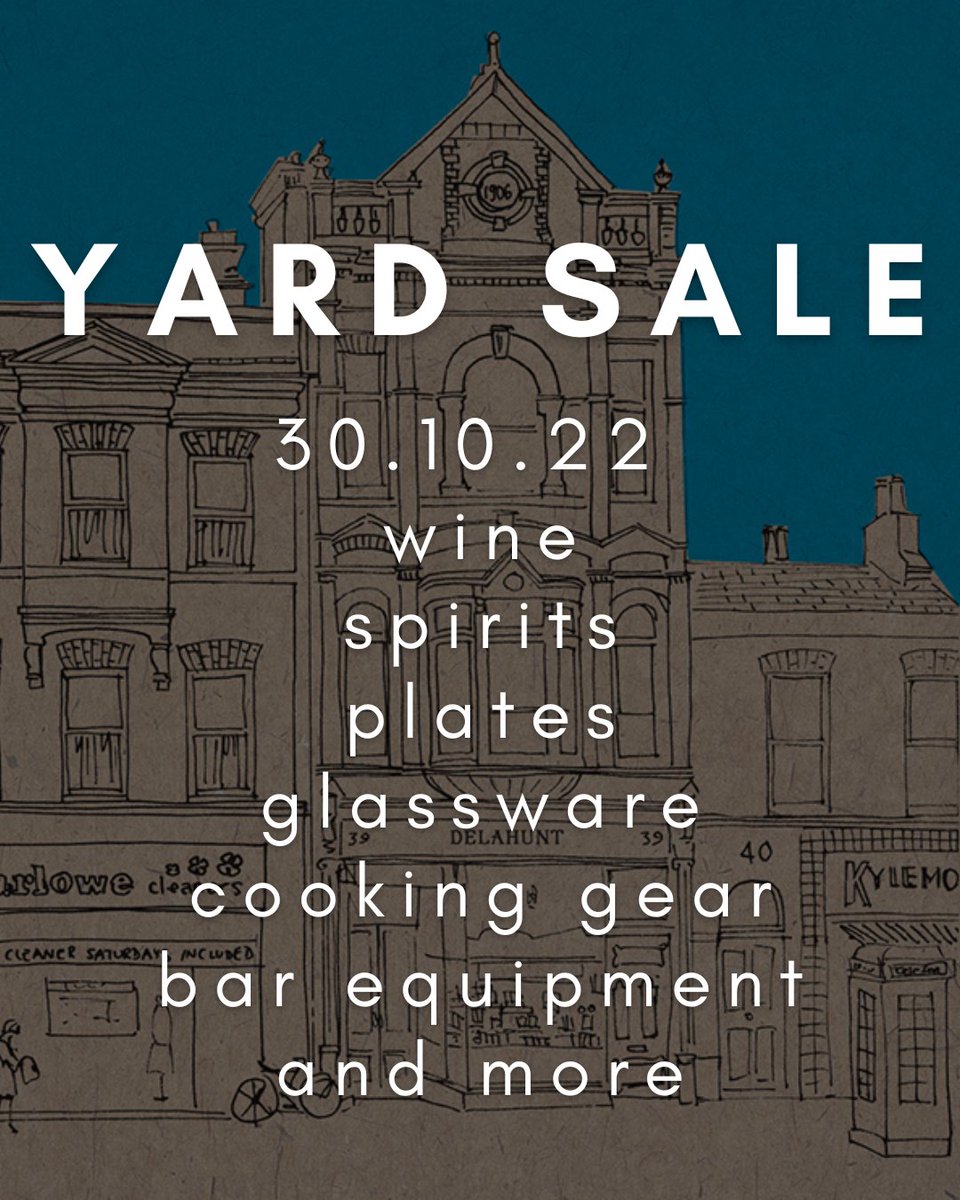 DelahuntCamden's tweet photo. SAVE THE DATE!

We're having a yard sale on Sunday 30 October with loads of great gear, including plates, glassware, spirits, cooking gear, and bar equipment. Stay tuned for more details!

Time TBA. 

#dublinfood #dublincity https://t.co/cGKPFQ9G1b