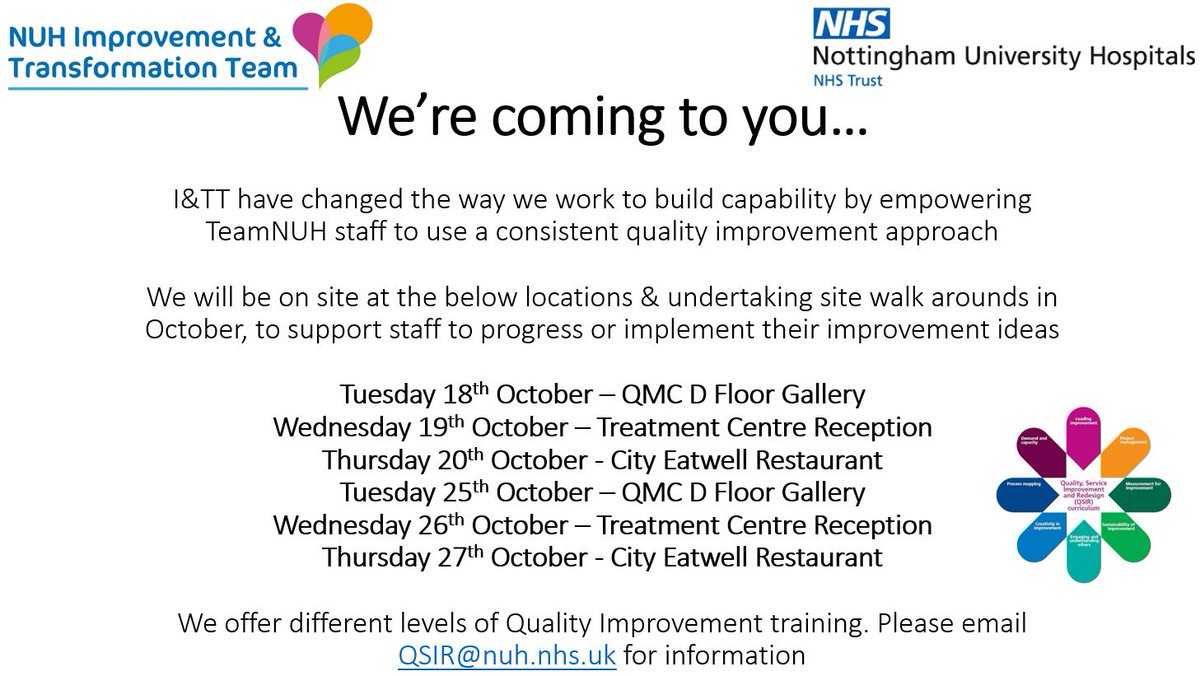 NUH_QI's tweet photo. 📢Come and visit us on site next week to find out how we can support you with your improvement ideas and projects 📢 We will also be doing walk rounds across @TeamNUH to visit staff who are unable to get to us! Contact us if there is a specific area you want us to visit! https://t.co/gVf6SRXZxv
