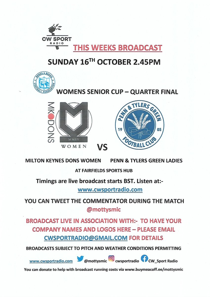 PLS RT This Sun its <a href="/BerksandBucksFA/">Berks & Bucks FA</a> Women's Cup action with <a href="/MKDonsFCWomen/">Milton Keynes Dons Women</a> vs @Penn_football  3pm ko IYCMI you can listen from 2.45pm BST <a href="/MKDonsFC/">Milton Keynes Dons</a> <a href="/MkLadies/">MkDonsLadiesFanPage</a> <a href="/MKDonsWorldwide/">MK Dons Worldwide 🌍 🇰🇼 🏴󠁧󠁢󠁥󠁮󠁧󠁿 🇮🇸</a> @MKDonsSET <a href="/OfficialMKDSA/">MKDSA</a> <a href="/SDOWSYC1/">SDOWSYC Podcast</a> <a href="/MK1Podcast/">The MK1 Podcast</a> <a href="/TheMKWayBlog/">The MK Way</a> <a href="/mkfm/">MKFM 106.3</a> <a href="/BBC3CR/">BBC Beds, Herts & Bucks</a> <a href="/Ollie_Bayliss/">Ollie Bayliss</a> <a href="/1055ThePoint/">1055ThePoint</a>