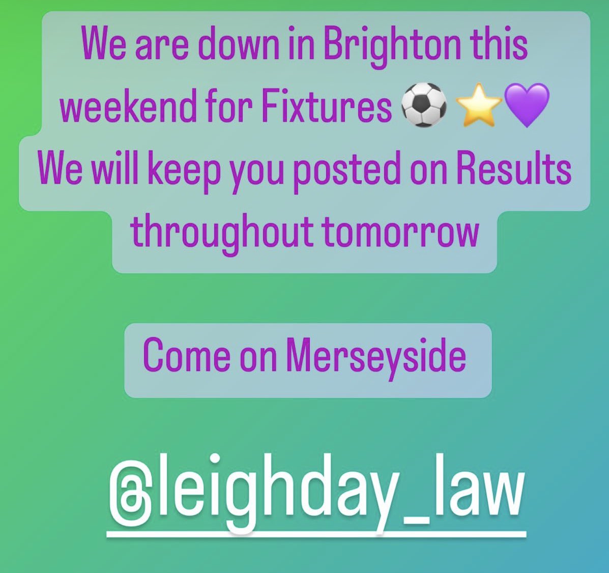 We are down in Brighton this weekend for Fixtures ⚽️ ⭐️💜
We will keep you posted on Results throughout tomorrow 

Come on Merseyside <a href="/LeighDay_Law/">Leigh Day</a>