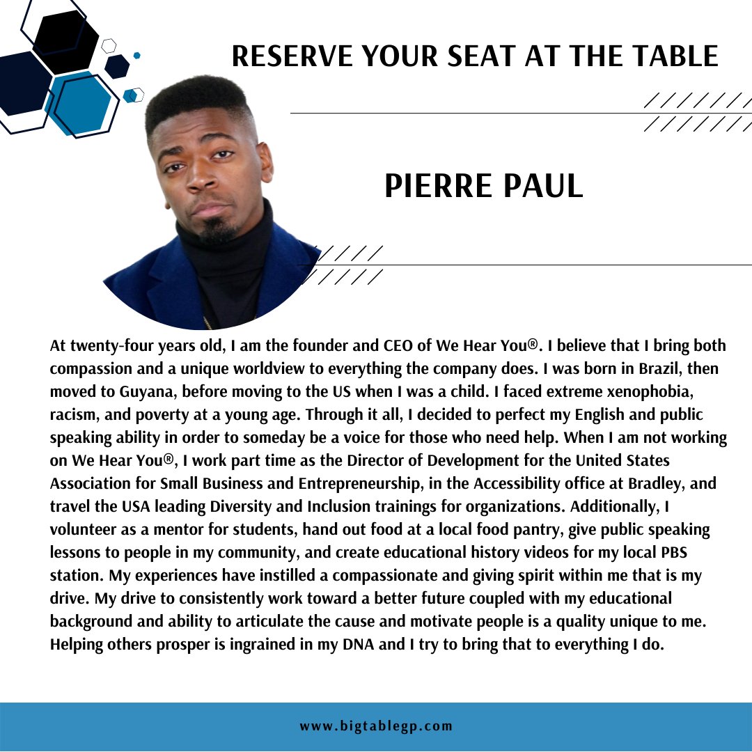 Greater Peoria EDC (@greaterpeoria) on Twitter photo We are excited to have <a href="/Pierre_Paul15/">Pierre Paul</a> of <a href="/WeHearYouASL/">We Hear You ASL</a> as a panelist for the #innovation and #Entrepreneurship session! What an extraordinary man! Make sure to register at bigtablegp.com #bigtablegp We are excited to have <a href="/Pierre_Paul15/">Pierre Paul</a> of <a href="/WeHearYouASL/">We Hear You ASL</a> as a panelist for the #innovation and #Entrepreneurship session! What an extraordinary man! Make sure to register at bigtablegp.com #bigtablegp