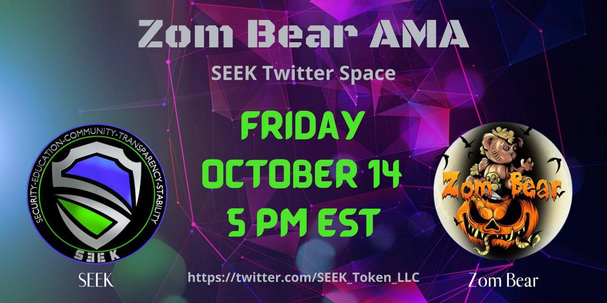 ZomBearToken's tweet photo. Everyone don't forget that we have a Twitter space with @SEEK_Token_LLC today at 5PM EST!!!! 👀🔥🤝
@1goonrich @VenomCrypto_ https://t.co/dkai7mm89n