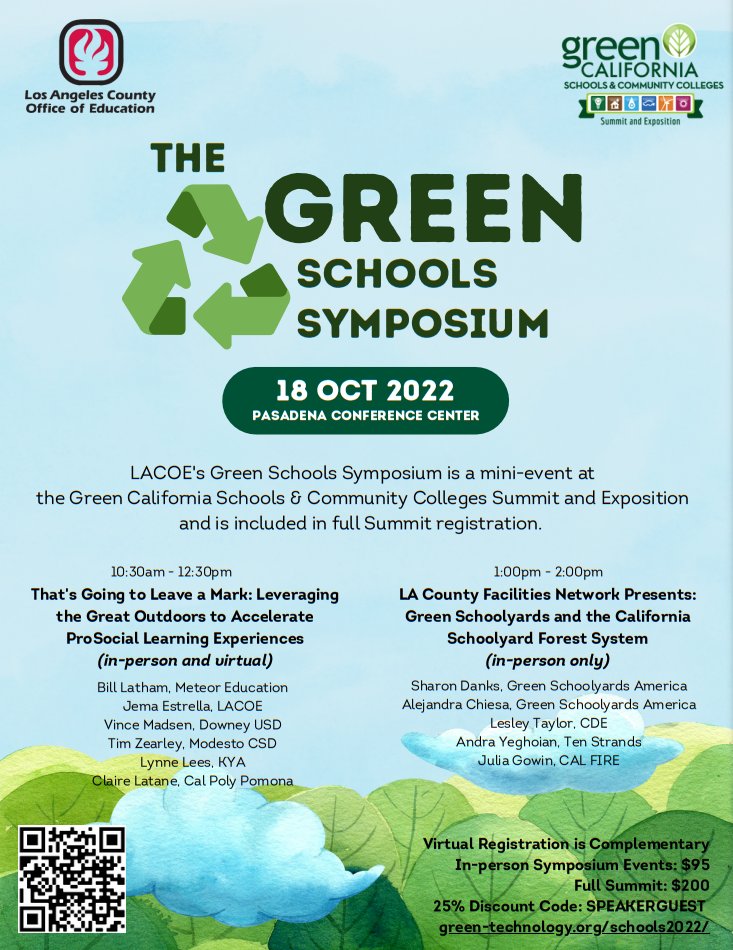 Don't miss out on LACOE's Green Schools Symposium happing at the Summit this year!
An amazing line up of speakers for outdoor learning and facilities.

green-technology.org/schools2022

@LosAngelesCOE #greenCAschools #GCSCS2022
#outdoorlearning #Schools #k12 #green #facilities #events