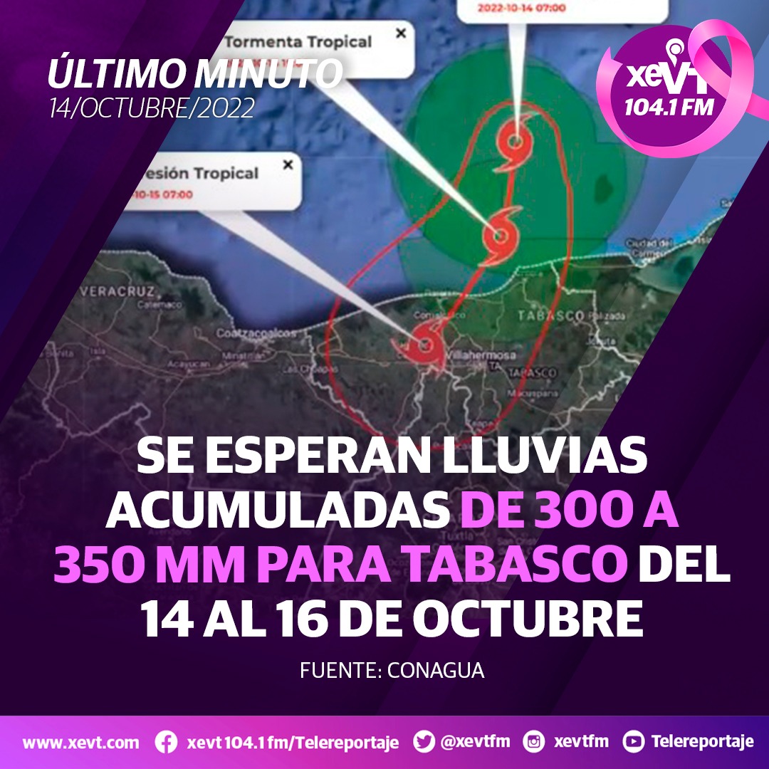 #ÚltimoMinuto 🌀⛈️ Informa <a href="/conagua_mx/">Conagua</a> que del 14 al 16 de octubre, en #Tabasco se esperan lluvias acumuladas de 300 a 350 milímetros