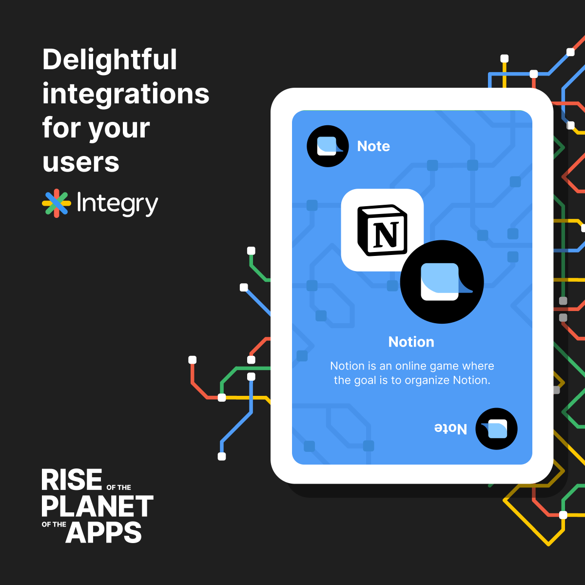 integryHQ's tweet photo. The @NotionHQ card emits the Note object

Card Tagline: "Notion is an online game where the goal is to organize Notion." https://t.co/CVk1Ck0yM8
