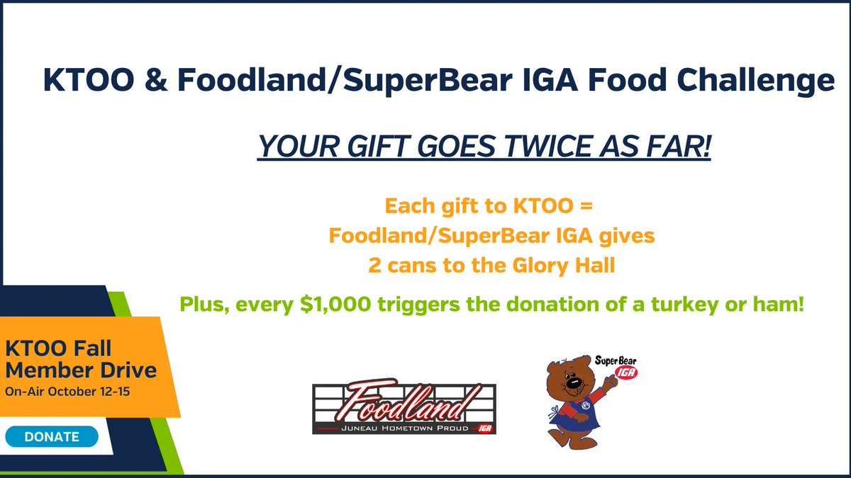 KTOOpubmedia's tweet photo. Double the impact of your gift today only! We're teaming up with Foodland &amp; SuperBear IGA so that each contribution that comes in triggers food donations to the Glory Hall. Increase your membership, renew, or sign on as a new member at https://t.co/11MS3WXkKM. https://t.co/Z9WyXwxUqz